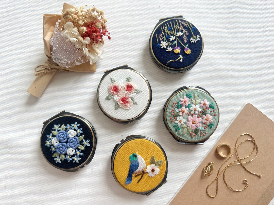 Quince Fables - Floral Embroidered Round Jewelry Box With Mirror (In Stock✅): 1. Full Flowers