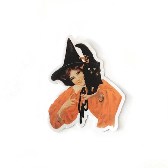 Pergamo Paper Goods - Witch with Black Cat Sticker - Vintage Halloween, Autumn