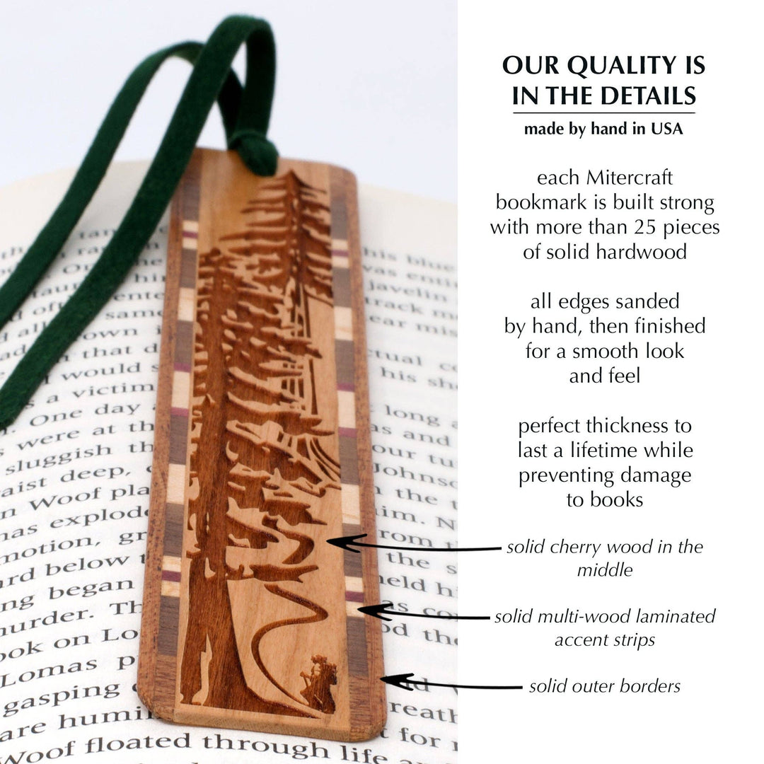 Mitercraft - Evergreen Hiker Handmade Engraved Wooden Bookmark