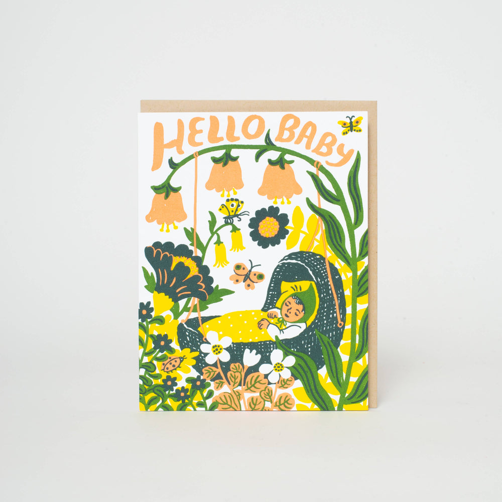 Egg Press Manufacturing - Hello Baby Bassinet (Yellow) Letterpress Greeting Card by Phoebe Wahl: Paper tab