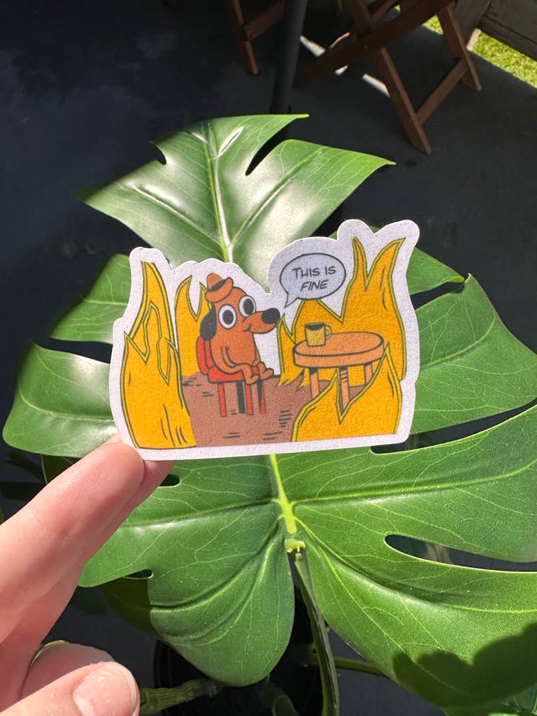 ShopSourSweetener - This Is Fine Meme Cartoon Sticker, Existential Crisis