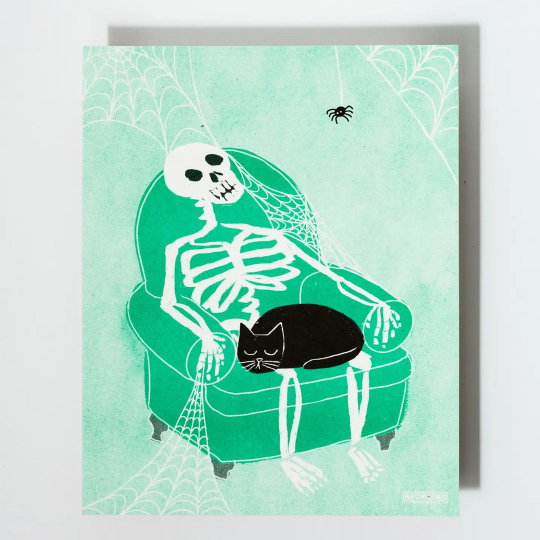 Bromstad Printing Co. - Skeleton Lap Cat Risograph Print