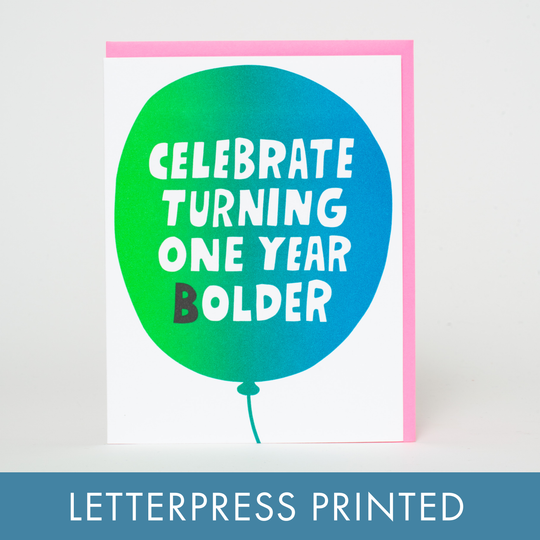 Egg Press Manufacturing - Birthday Balloon 1 Year Bolder Letterpress Greeting Card by Ashkahn: Paper tab