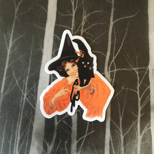 Pergamo Paper Goods - Witch with Black Cat Sticker - Vintage Halloween, Autumn