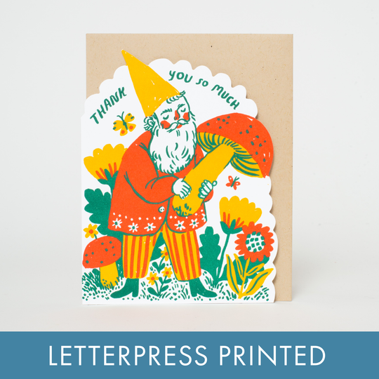 Egg Press Manufacturing - Thank You Gnome Die-cut Letterpress Greeting Card by Phoebe Wahl: Plastic sleeve
