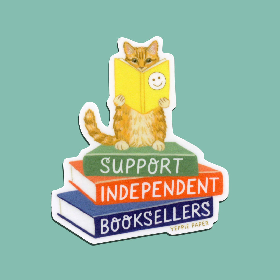 Yeppie Paper - Support Independent Booksellers Cat on Stack of Books Sticker