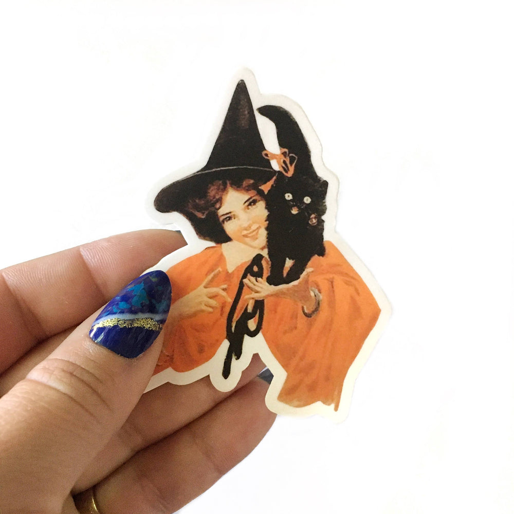 Pergamo Paper Goods - Witch with Black Cat Sticker - Vintage Halloween, Autumn
